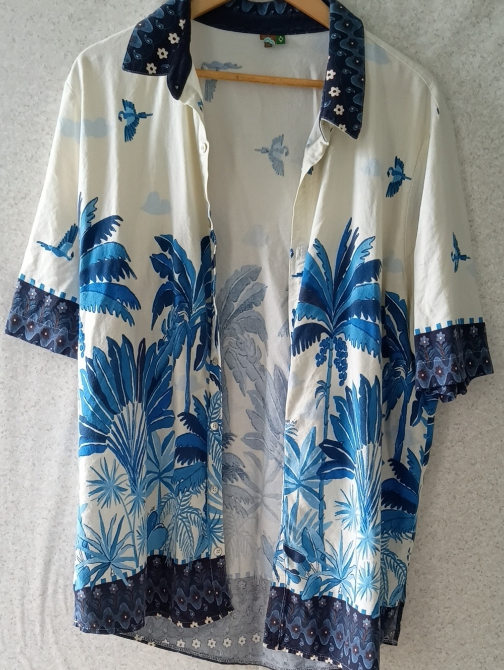 FARM Rio Cream Button-Up Shirt with Blue Tropical Palm Print